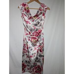 Maggy London Women's Floral Sheath Dress Sz 2 V Neck Side Ruched Feminine